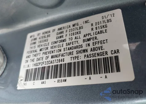 2012 Honda Accord 2.4 Lx from USA, damaged, VIN 1HGCP2F32CA072646